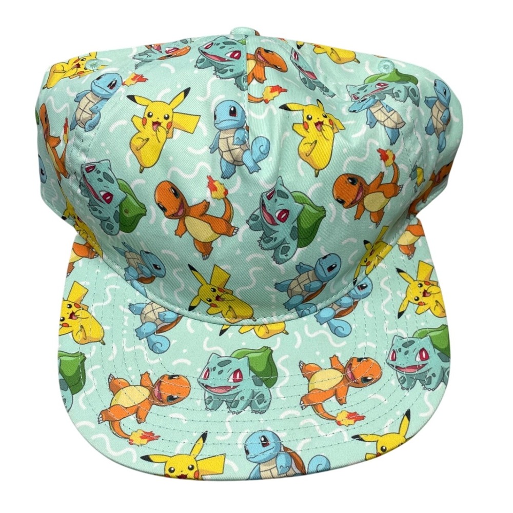 Pokemon Hat Unisex OSFM Teal Pikachu Starter All Over Print Snapback Flat Brim